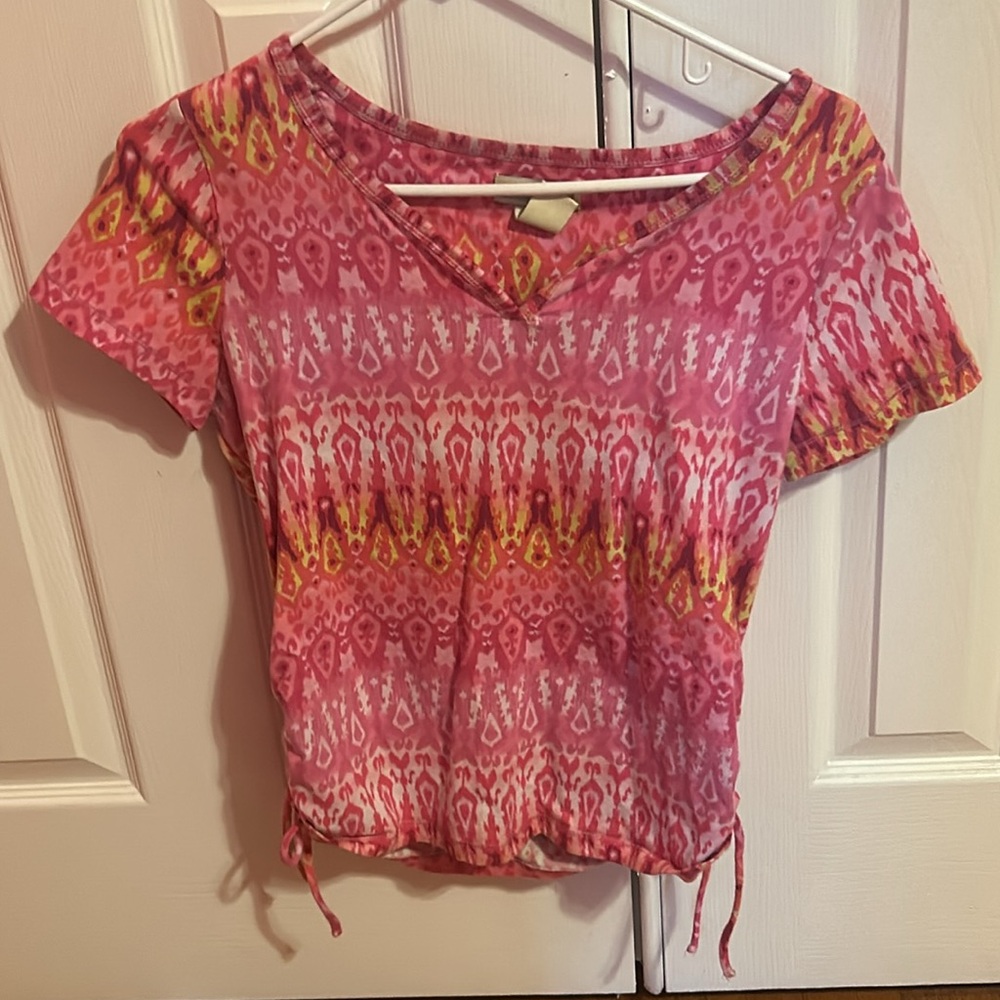 Caribbean Joe Women’s Patterned Pink and Yellow Short-Sleeve Top M